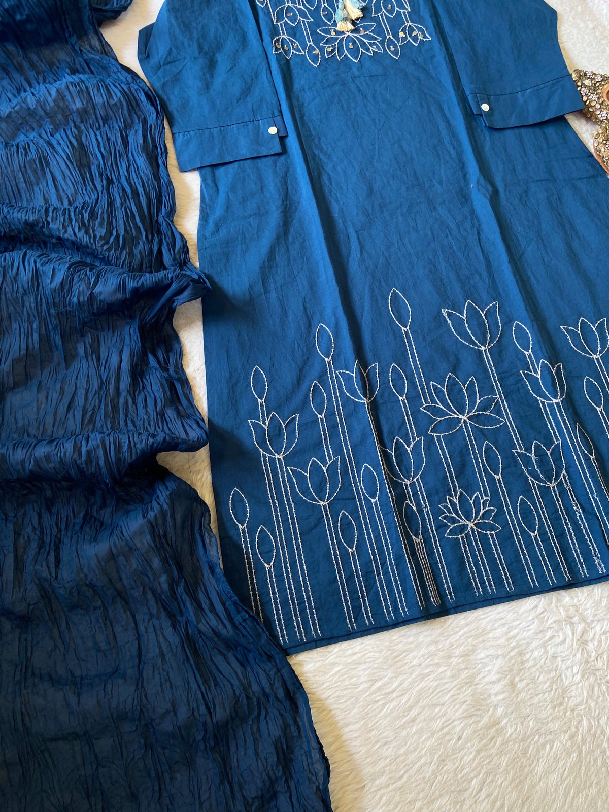 Flower Embroidery Work Cotton Straight Kurti, Pant And Dupatta. Cotton Suit Sets For Women Online India. Shop the Latest Festive Summer Collection at Shivani Designer Kurti.