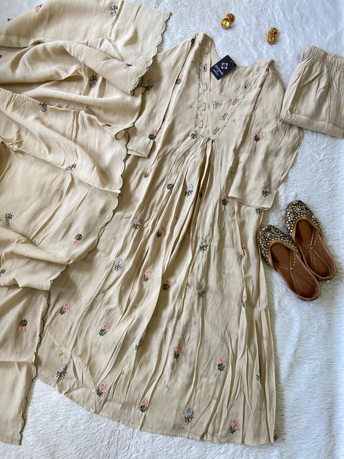 Mirror Work V-Neck With Flower Work Embroidery, Aline Kurti (Full Lining) With Pant And Dupatta. Silk Suit Sets For Women Online India. Shop the Latest Festive Summer Collection at Shivani Designer Kurti.