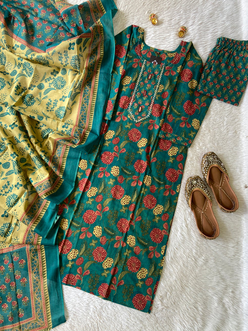 Jaipuri Print Cotton Straight Cut Kurti With Pant And Dupatta. Cotton Suit Sets For Women Online India. Shop the Latest Festive Summer Collection at Shivani Designer Kurti.