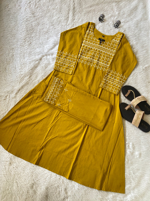 Flower Embroidery Work Cotton Aline Kurti With Palazzo. Cotton Kurti Sets For Women Online India. Shop the Latest Festive Summer Collection at Shivani Designer Kurti.