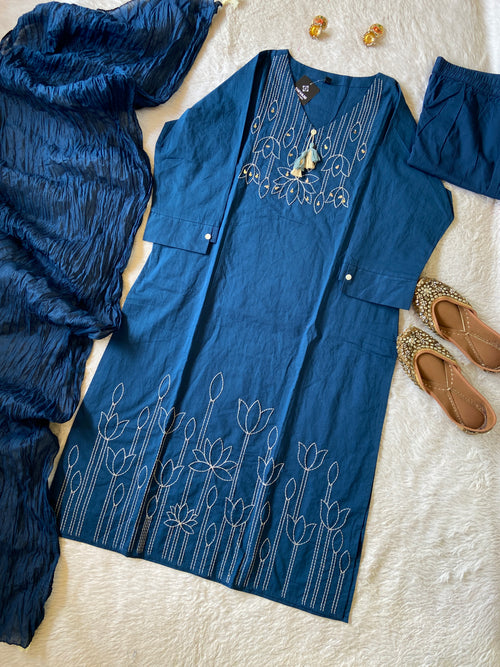 Flower Embroidery Work Cotton Straight Kurti, Pant And Dupatta. Cotton Suit Sets For Women Online India. Shop the Latest Festive Summer Collection at Shivani Designer Kurti.
