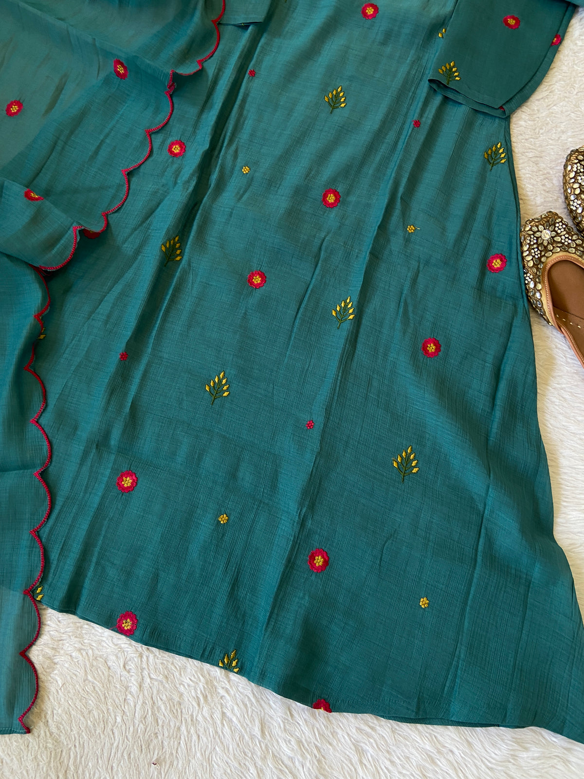 Flower Embroidery Work Coral Silk Aline Kurti With Palazzo And Dupatta. Silk Suit Sets For Women Online India. Shop the Latest Festive Summer Collection at Shivani Designer Kurti.