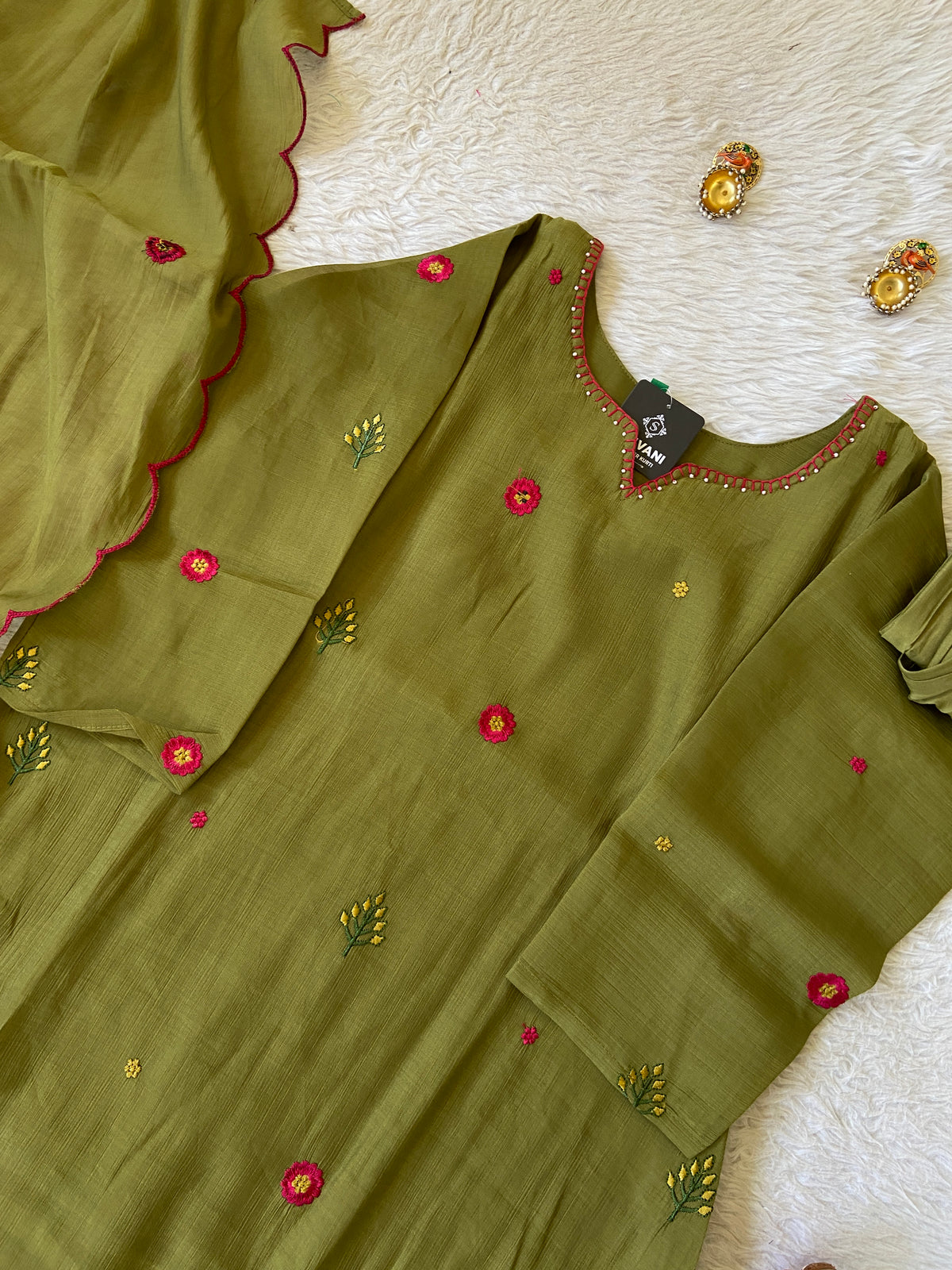Flower Embroidery Work Coral Silk Aline Kurti With Palazzo And Dupatta. Silk Suit Sets For Women Online India. Shop the Latest Festive Summer Collection at Shivani Designer Kurti.