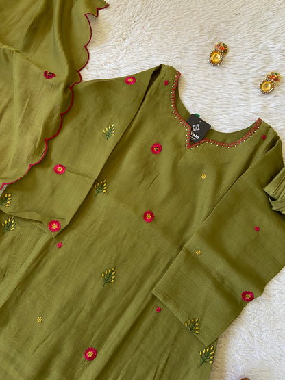 Flower Embroidery Work Coral Silk Aline Kurti With Palazzo And Dupatta. Silk Suit Sets For Women Online India. Shop the Latest Festive Summer Collection at Shivani Designer Kurti.