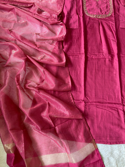 Hand Work Neck, Jamdani Silk Aline Kurti With Palazzo And Dupatta. Silk Suit Sets For Women Online India. Shop the Latest Festive Summer Collection at Shivani Designer Kurti.