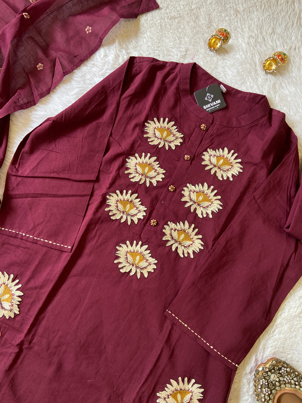 Flower Embroidery Work Cotton Straight Kurti, Pant And Dupatta. Cotton Suit Sets For Women Online India. Shop the Latest Festive Summer Collection at Shivani Designer Kurti.