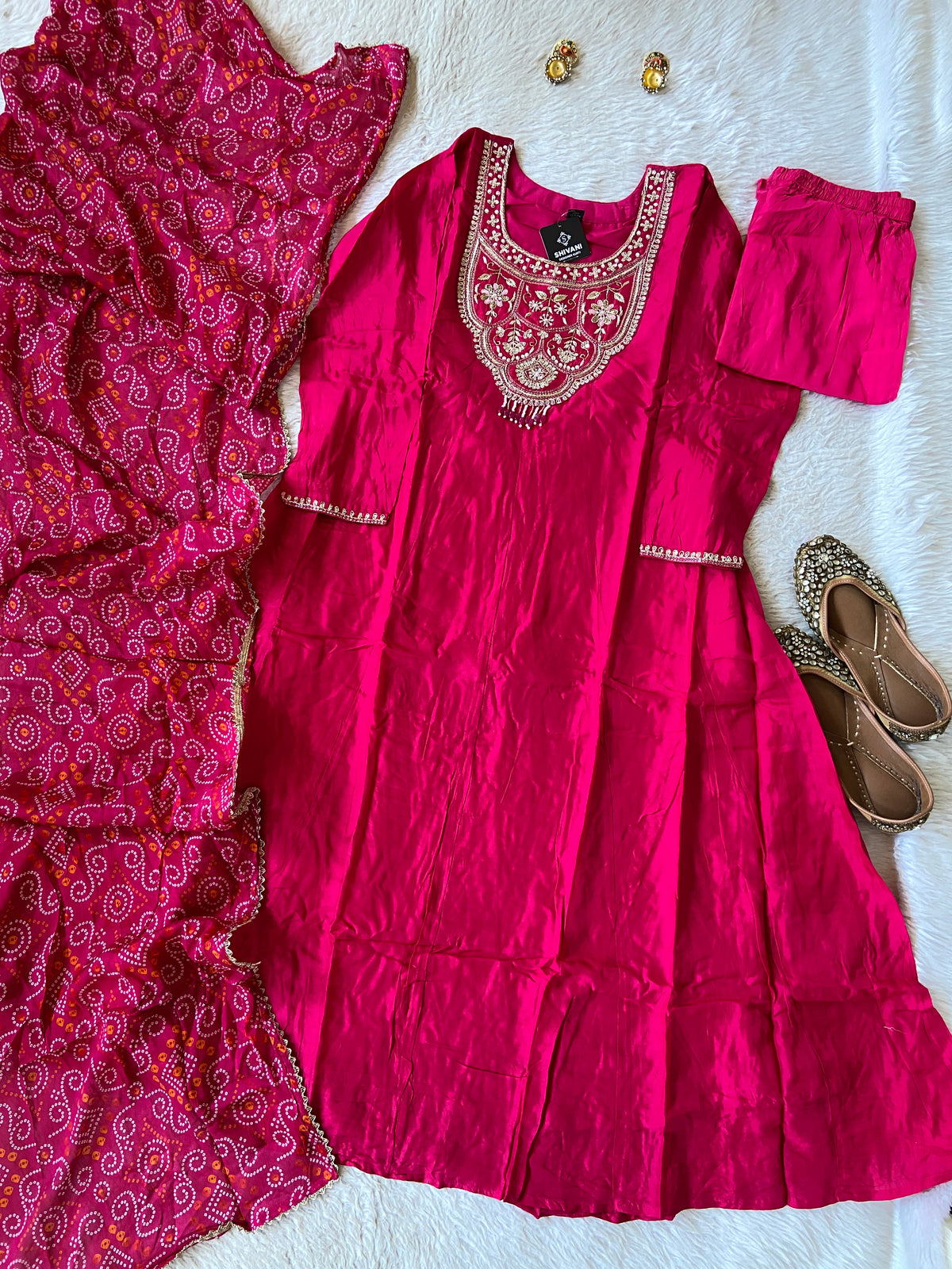 Premium Hand Work Anarkali Kurti With Pant And Bandhani Dupatta. Silk Suit Sets For Women Online India. Shop the Latest Festive Summer Collection at Shivani Designer Kurti.