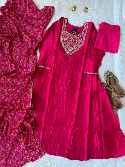 Premium Hand Work Anarkali Kurti With Pant And Bandhani Dupatta. Silk Suit Sets For Women Online India. Shop the Latest Festive Summer Collection at Shivani Designer Kurti.