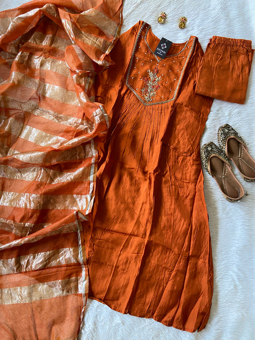 Beautiful Handwork Aline Kurti, With Pant And Dupatta, Silk Aline Kurti Suit Sets For Women