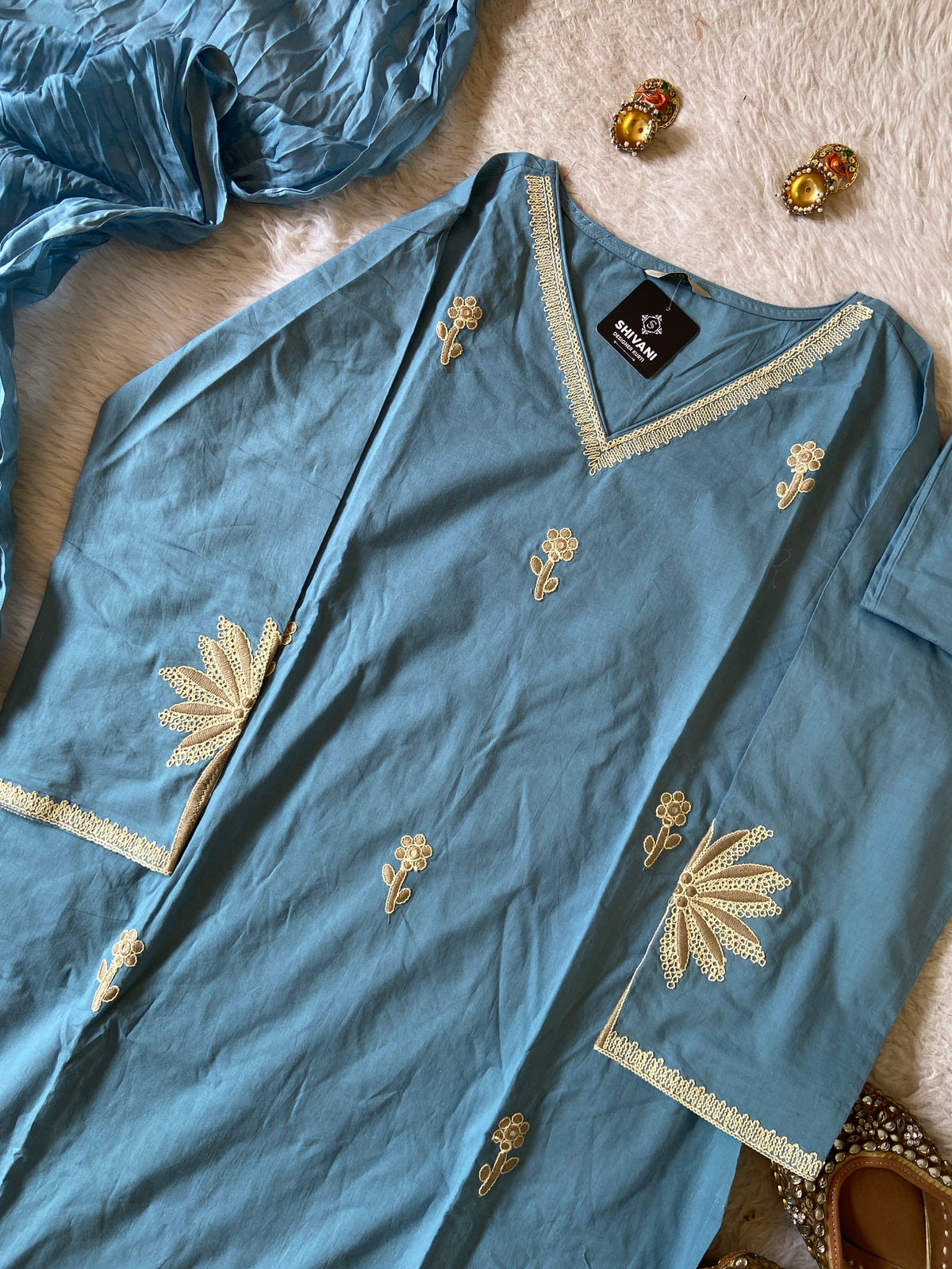 Flower Embroidery Work Cotton Straight Kurti, Pant And Dupatta. Cotton Suit Sets For Women Online India. Shop the Latest Festive Summer Collection at Shivani Designer Kurti.