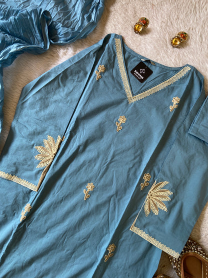 Flower Embroidery Work Cotton Straight Kurti, Pant And Dupatta. Cotton Suit Sets For Women Online India. Shop the Latest Festive Summer Collection at Shivani Designer Kurti.