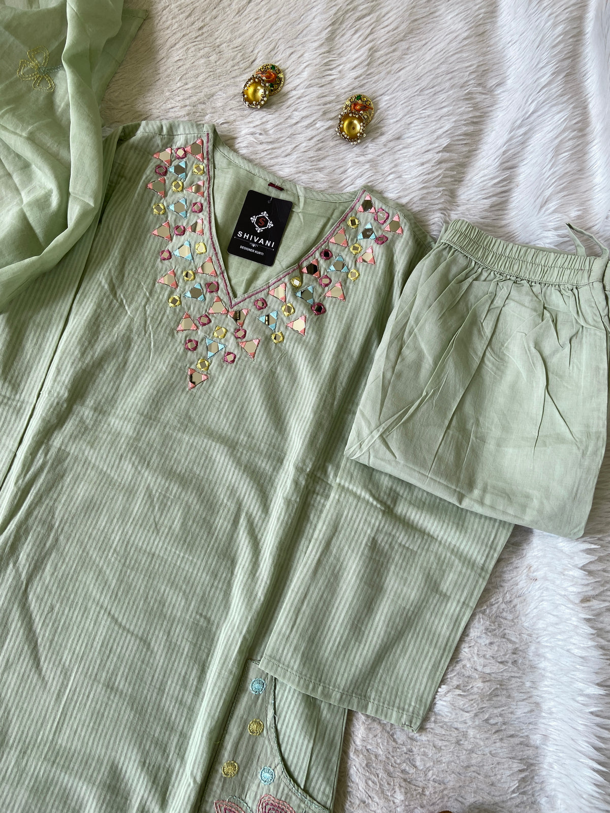 Mirror Work Cotton Straight Cut Kurti With Pant And Dupatta. Cotton Suit Sets For Women Online India. Shop the Latest Festive Summer Collection at Shivani Designer Kurti.