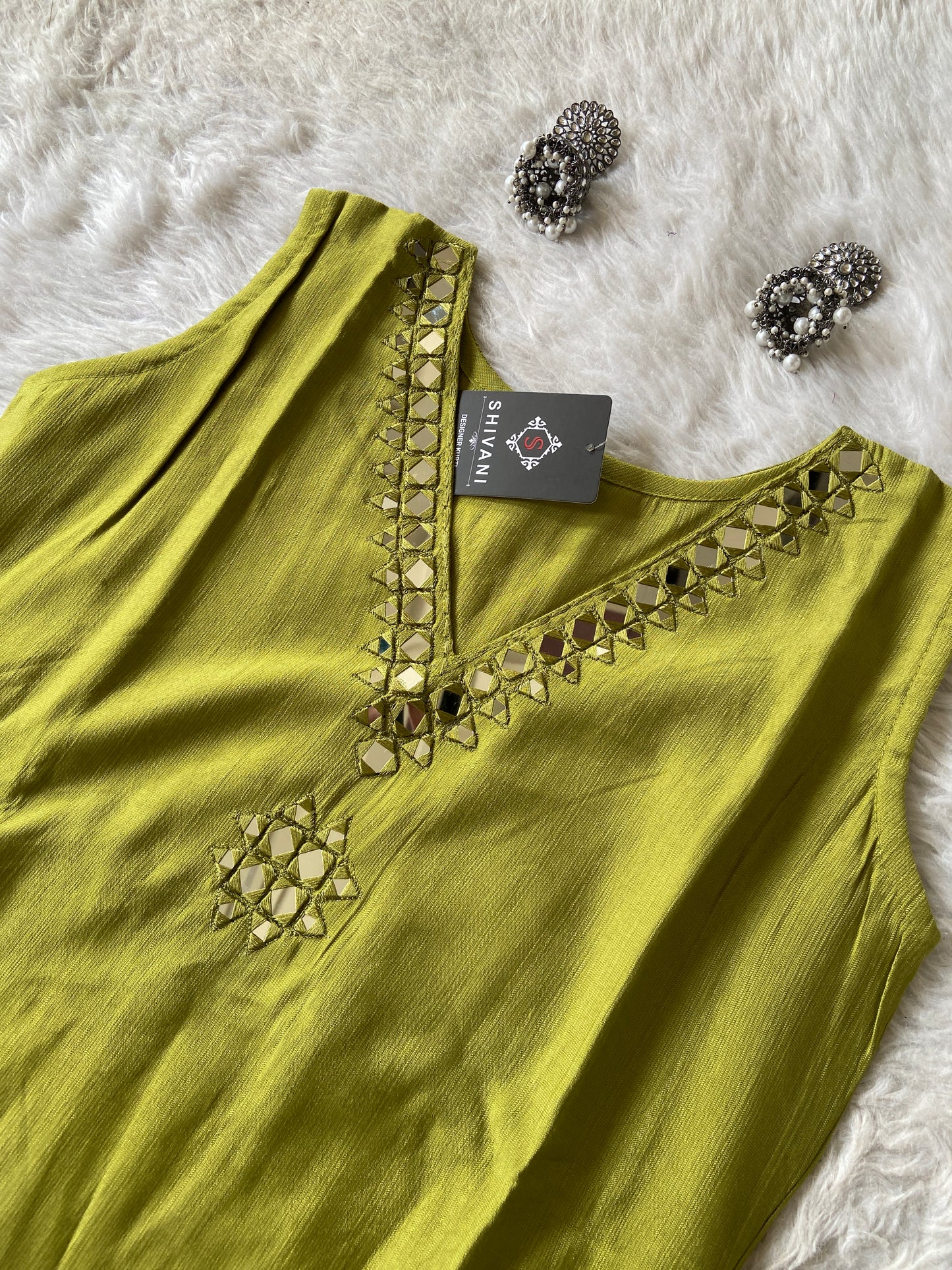 Sleeveless Aline Kurti With Mirror Work With Palazzo, Silk Aline Kurti Sets For Women