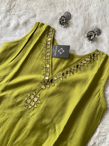 Sleeveless Aline Kurti With Mirror Work With Palazzo, Silk Aline Kurti Sets For Women