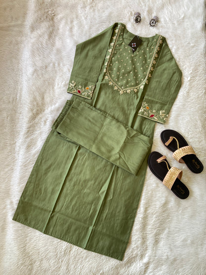 Sleeve Work And Neck Work Kurti With Matching Palazzo, Silk StraightCut Kurti Sets For Women