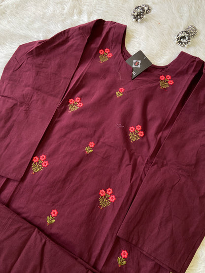 Flower Embroidery Work Aline Kurti With Plain Palazzo. Cotton Aline Kurti Sets For Women