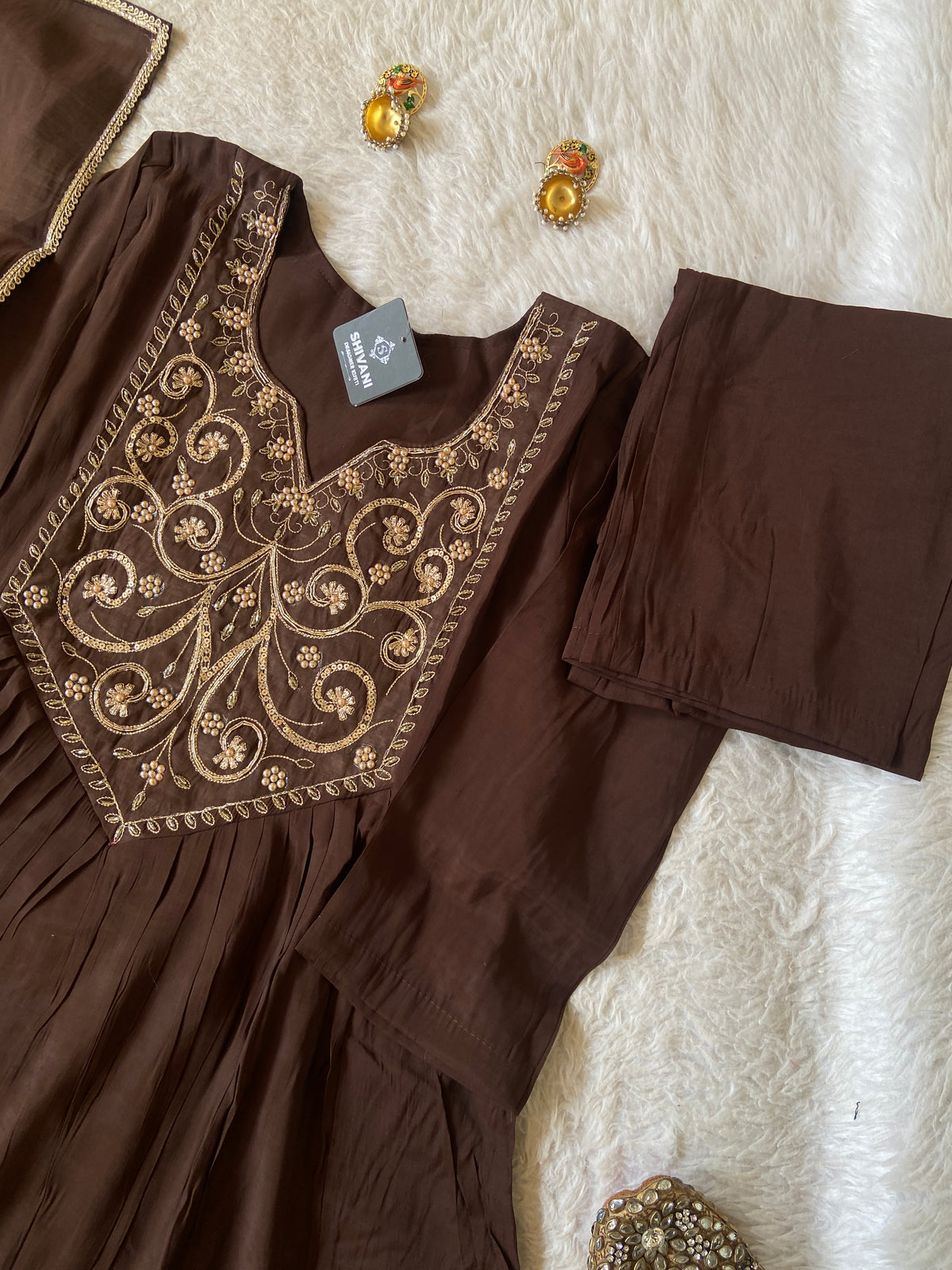 Embroidery Work Mul Chanderi ALine Kurti With Semi Palazzo And Dupatta. Silk Suit Sets For Women Online India. Shop the Latest Festive Summer Collection at Shivani Designer Kurti.