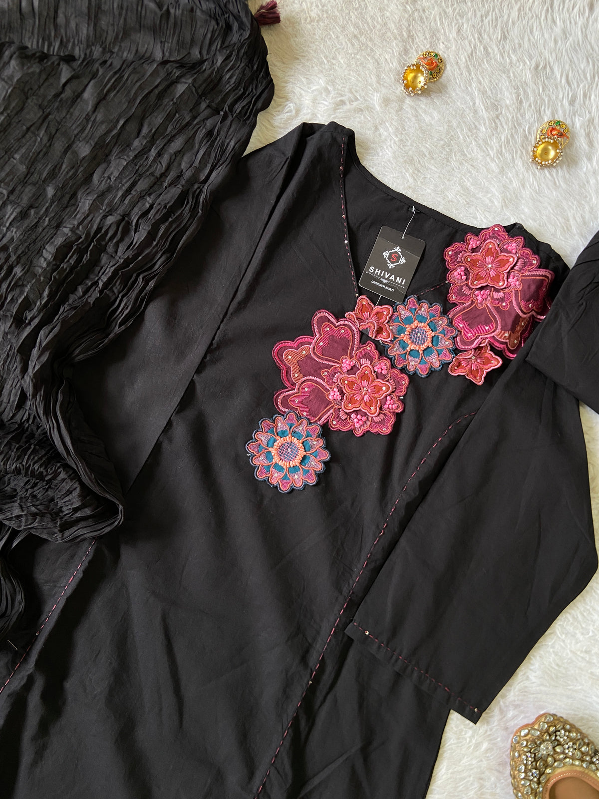 Embroidery Work Cotton Straight Cut Kurti With Pant And Dupatta. Cotton Suit Sets For Women Online India. Shop the Latest Festive Summer Collection at Shivani Designer Kurti.