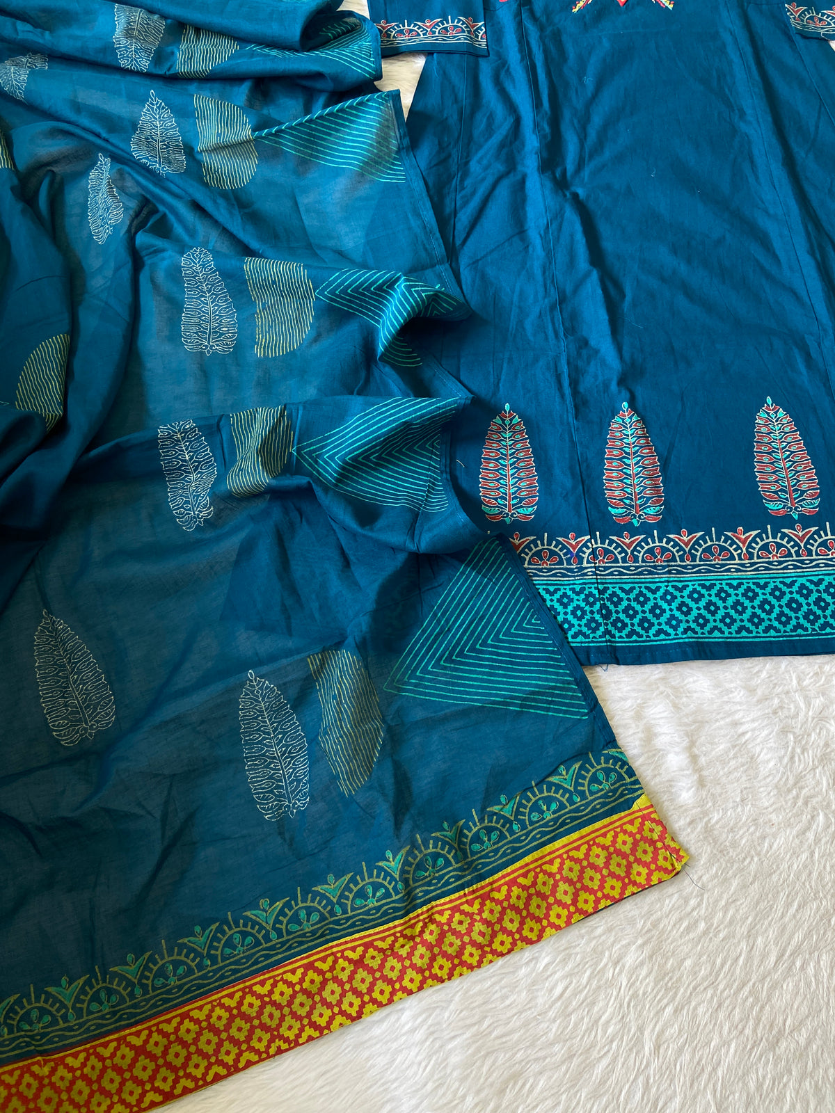 Cotton Hand Work Aline Kurti With Plain Palazzo And Block Printed Dupatta (Gamthi Pair). Cotton Suit Sets For Women Online India. Shop the Latest Festive Summer Collection at Shivani Designer Kurti.