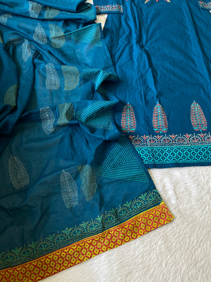 Cotton Hand Work Aline Kurti With Plain Palazzo And Block Printed Dupatta (Gamthi Pair). Cotton Suit Sets For Women Online India. Shop the Latest Festive Summer Collection at Shivani Designer Kurti.