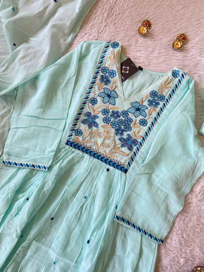 Flower Embroidery Work Cotton Aline Kurti, Pant And Dupatta. Cotton Suit Sets For Women Online India. Shop the Latest Festive Summer Collection at Shivani Designer Kurti.