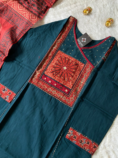 Patchwork And Mirrorwork In Neck, Cotton Aline Kurti With Pant And Dupatta (Gamthi Pair). Cotton Suit Sets For Women Online India. Shop the Latest Festive Summer Collection at Shivani Designer Kurti.