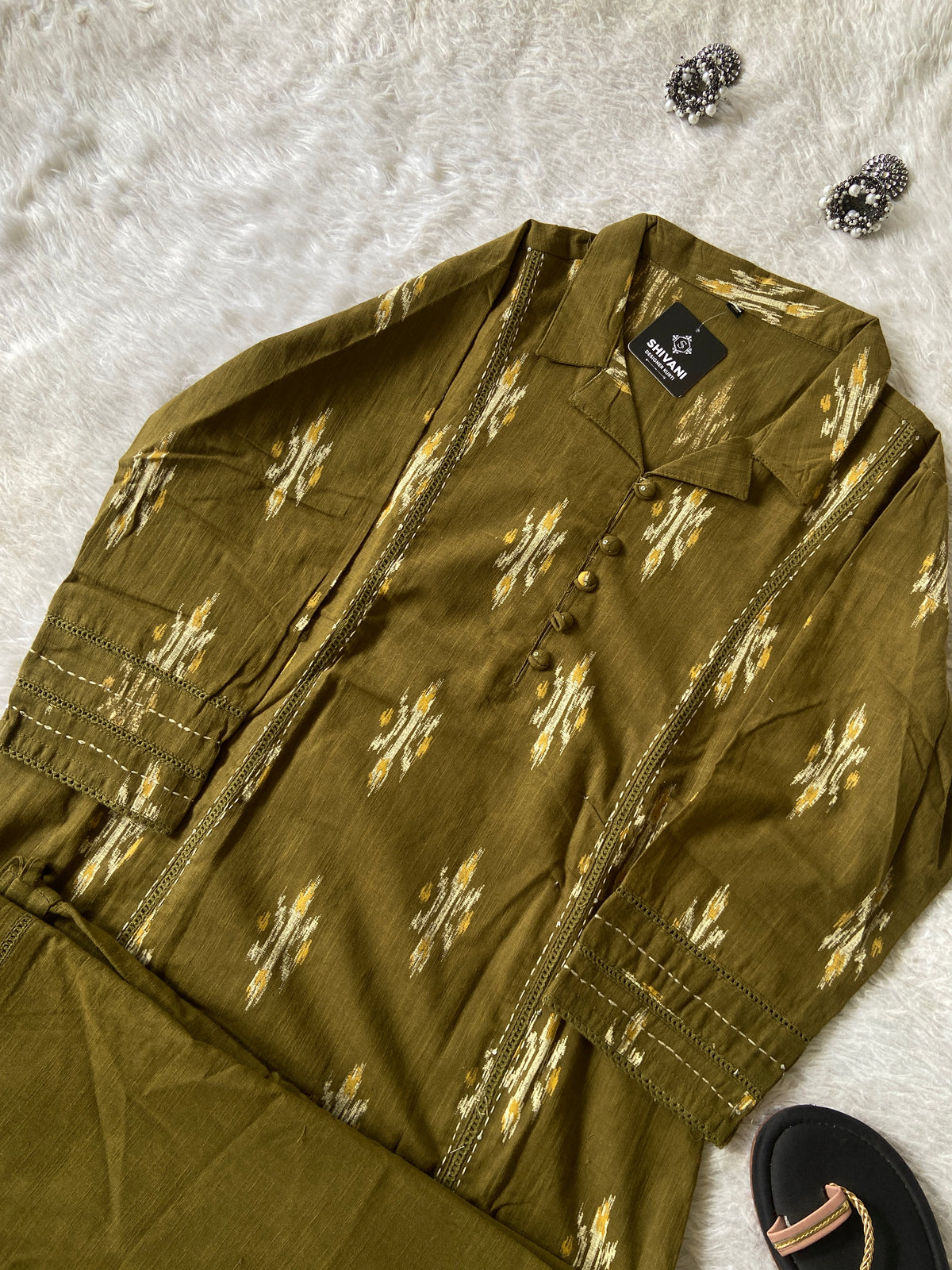 Ikkat Print, Cotton Aline Kurti With Palazzo. Cotton Kurti Sets For Women Online India. Shop the Latest Festive Summer Collection at Shivani Designer Kurti.