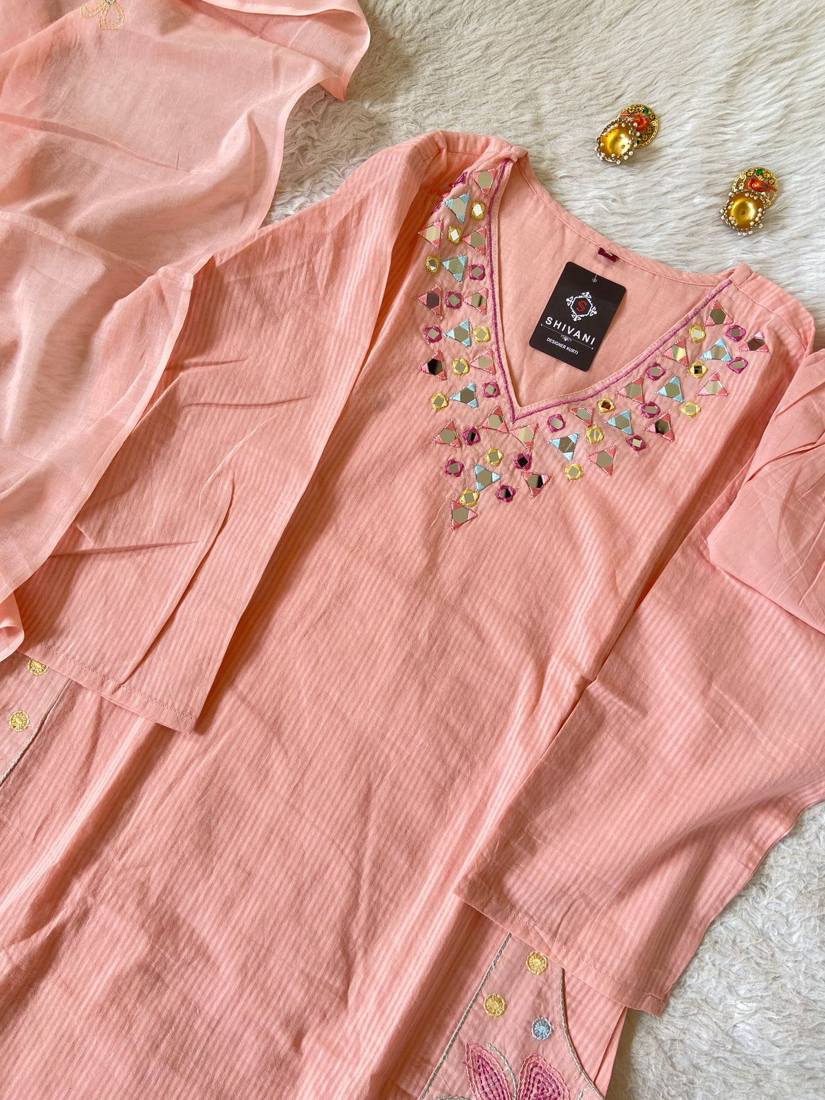 Mirror Work Cotton Straight Cut Kurti With Pant And Dupatta. Cotton Suit Sets For Women Online India. Shop the Latest Festive Summer Collection at Shivani Designer Kurti.