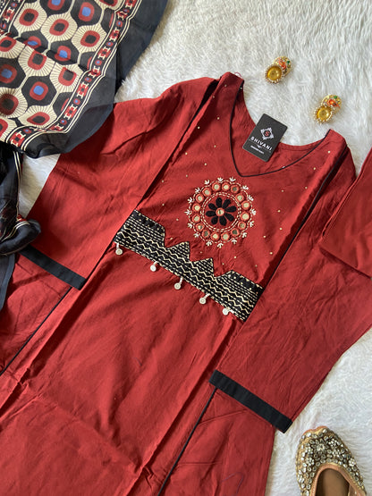 Cotton Hand Work Aline Kurti With Palazzo And Block Dupatta (Gamthi Pair). Cotton Suit Sets For Women Online India. Shop the Latest Festive Summer Collection at Shivani Designer Kurti.
