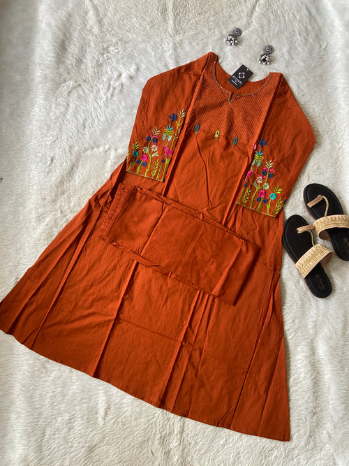 Embroidery Work Cotton Aline Kurti And Palazzo. Cotton Aline Kurti Sets For Women Online India. Shop the Latest Festive Summer Collection at Shivani Designer Kurti.