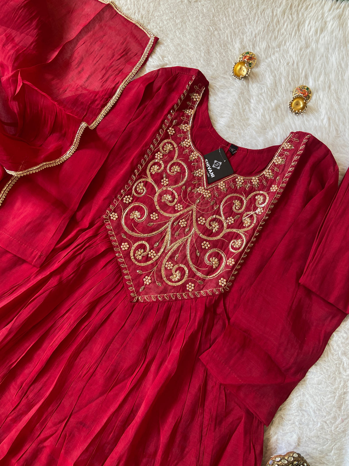 Embroidery Work Mul Chanderi ALine Kurti With Semi Palazzo And Dupatta. Silk Suit Sets For Women Online India. Shop the Latest Festive Summer Collection at Shivani Designer Kurti.