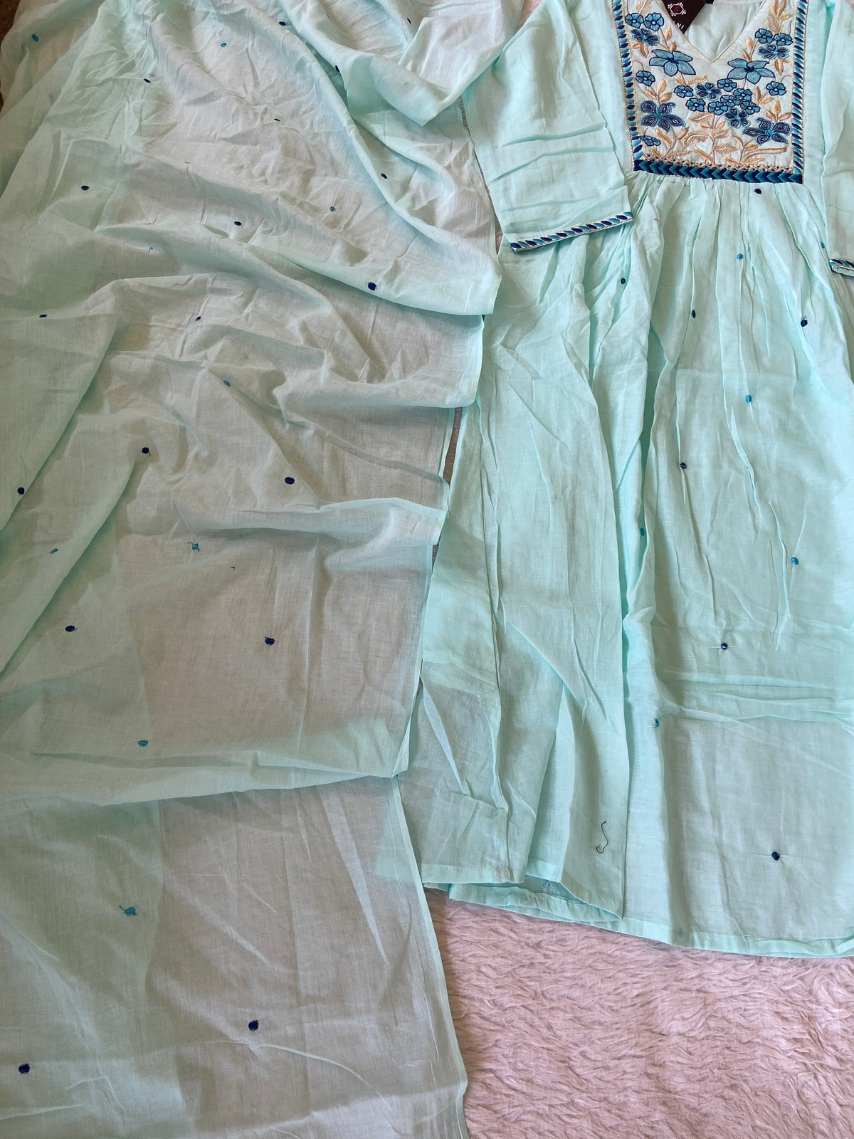 Flower Embroidery Work Cotton Aline Kurti, Pant And Dupatta. Cotton Suit Sets For Women Online India. Shop the Latest Festive Summer Collection at Shivani Designer Kurti.