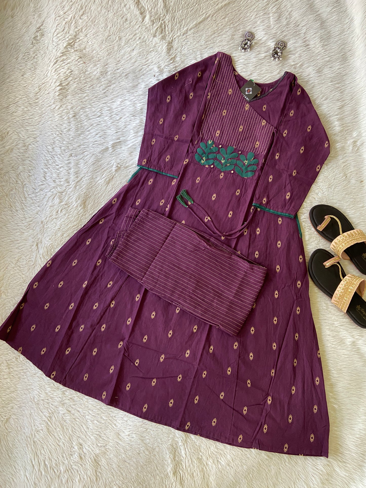 Angarakha Style With Aplic Work Aline Kurti And Palazzo (Gamthi Pair). Cotton Aline Kurti Sets For Women.