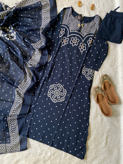 Bandani / Bandhej Print Cotton Aline Kurti With Palazzo And Dupatta.. Cotton Suit Sets For Women Online India. Shop the Latest Festive Summer Collection at Shivani Designer Kurti.