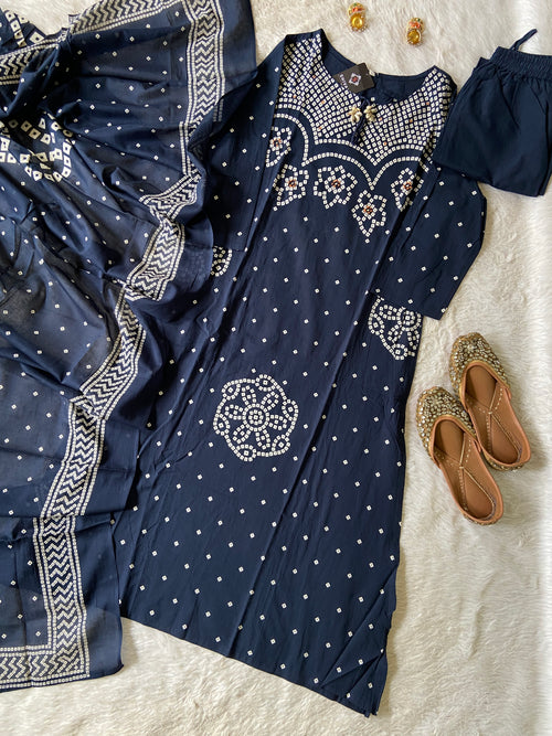 Bandani / Bandhej Print Cotton Aline Kurti With Palazzo And Dupatta.. Cotton Suit Sets For Women Online India. Shop the Latest Festive Summer Collection at Shivani Designer Kurti.