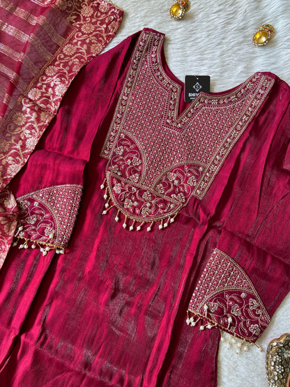 Heavy Embroidery Work Straight Kurti, Semi Palazzo And Dupatta. Silk Suit Sets For Women Online India. Shop the Latest Festive Summer Collection at Shivani Designer Kurti.