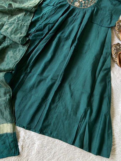 Hand Work Neck, Jamdani Silk Aline Kurti With Palazzo And Dupatta. Silk Suit Sets For Women Online India. Shop the Latest Festive Summer Collection at Shivani Designer Kurti.