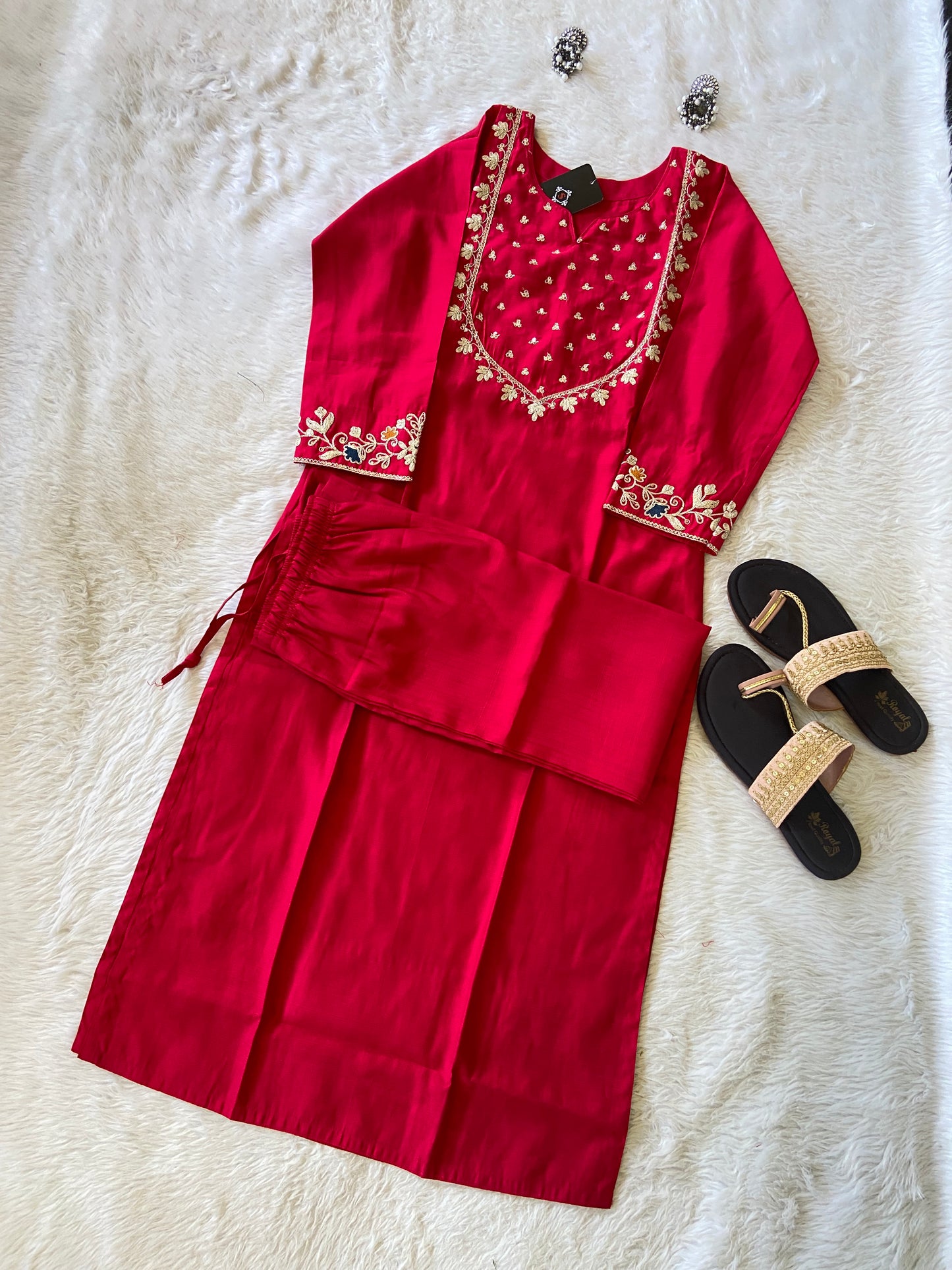 Sleeve Work And Neck Work Kurti With Matching Palazzo, Silk StraightCut Kurti Sets For Women