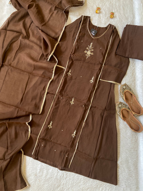 HandWork Work Mul Chanderi ALine Kurti With Semi Palazzo And Dupatta. Silk Suit Sets For Women Online India. Shop the Latest Festive Summer Collection at Shivani Designer Kurti.