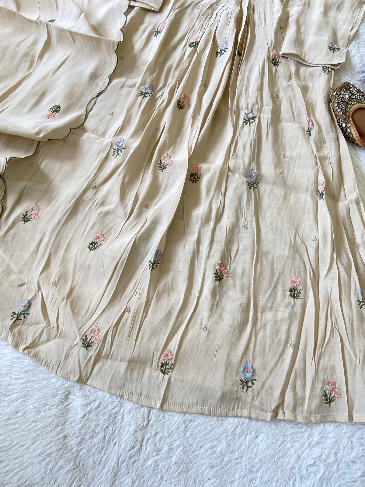 Mirror Work V-Neck With Flower Work Embroidery, Aline Kurti (Full Lining) With Pant And Dupatta. Silk Suit Sets For Women Online India. Shop the Latest Festive Summer Collection at Shivani Designer Kurti.