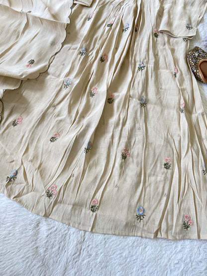 Mirror Work V-Neck With Flower Work Embroidery, Aline Kurti (Full Lining) With Pant And Dupatta. Silk Suit Sets For Women Online India. Shop the Latest Festive Summer Collection at Shivani Designer Kurti.