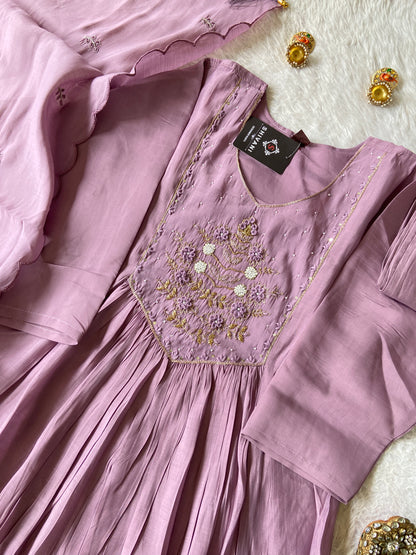 Hand Work Neck, Mul Chanderi Aline Kurti With Palazzo And Dupatta. Silk Suit Sets For Women Online India. Shop the Latest Festive Summer Collection at Shivani Designer Kurti.
