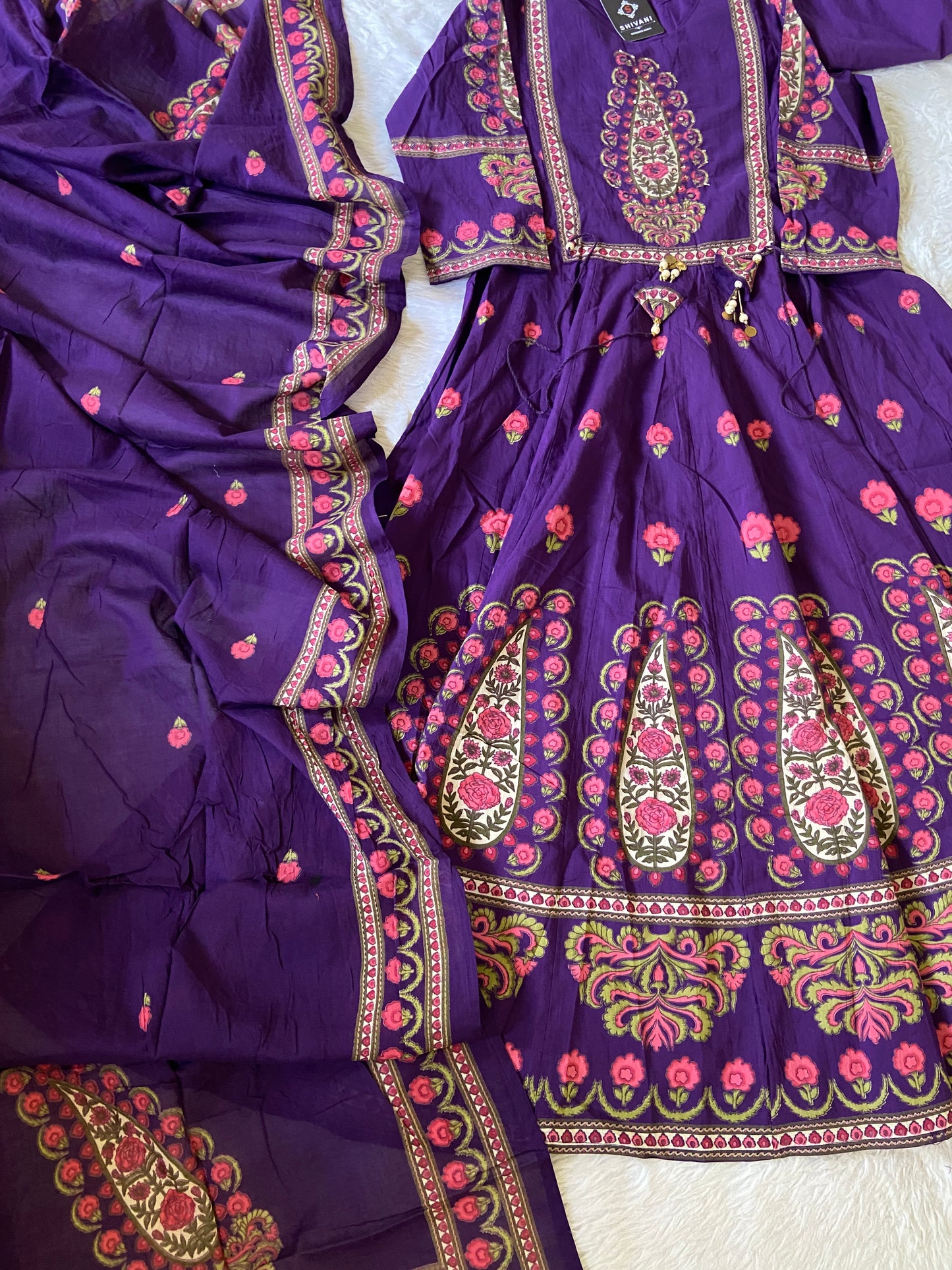 Jaipuri Cotton Anarkali Kurti With Pant And Dupatta. Cotton Suit Sets For Women Online India. Shop the Latest Festive Summer Collection at Shivani Designer Kurti.