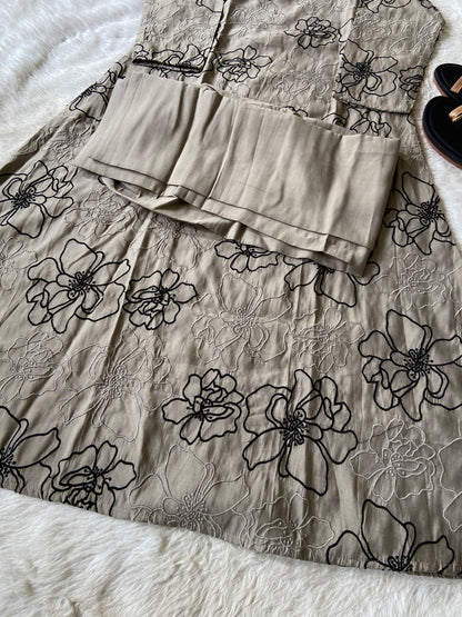 Flower Design Embroidery Work In Aline Kurti With Plain Palazzo, Silk Aline Kurti Sets For Women