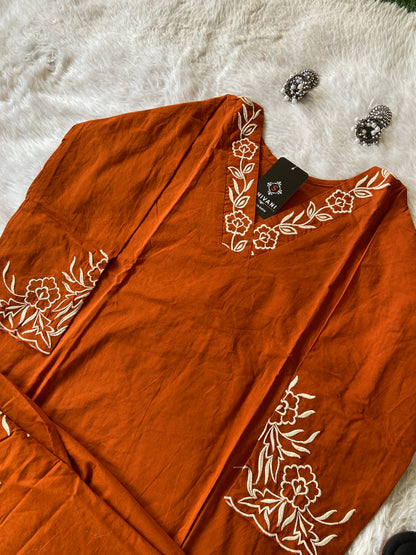 Aline Kurti With Embroidery Neck Work And Palazzo Work. Cotton Aline Kurti Sets For Women