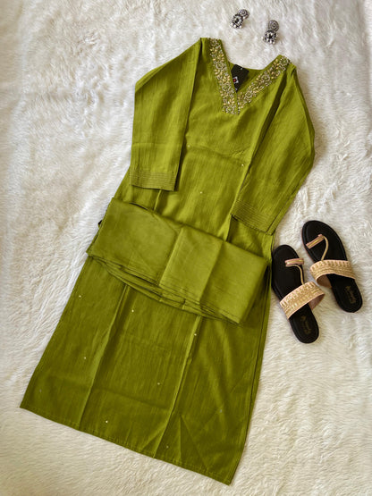 VNeck With Beautiful Handwork, StraightCut Kurti With Palazzo. Silk StraightCut Kurti Sets For Women