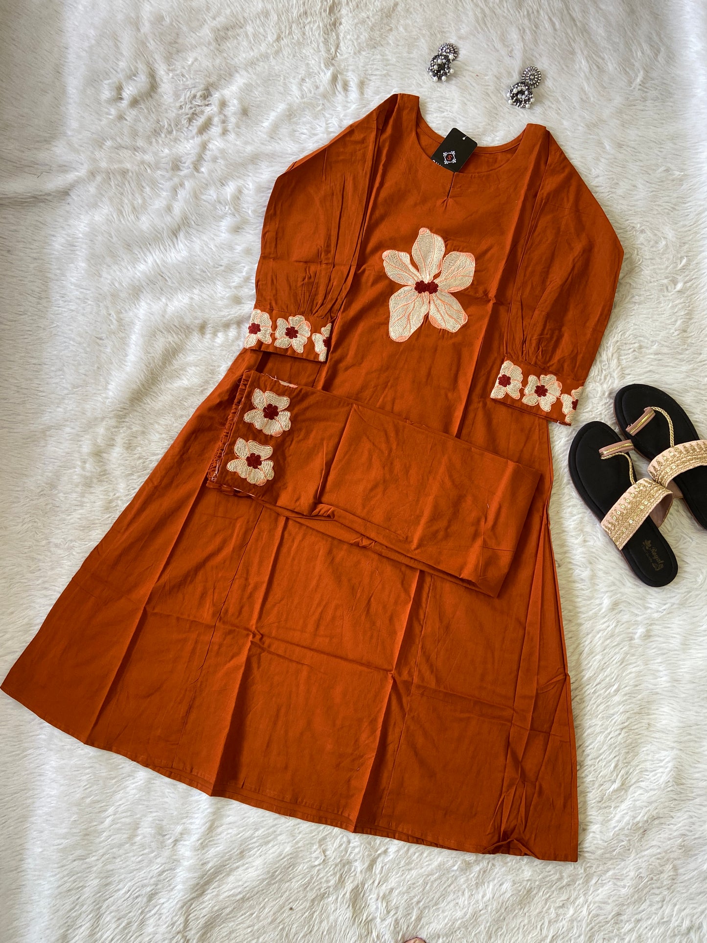 Flower Work In Sleeeve, Palazzo And Neck, Beautiful Aline Kurti With Plain Palazzo. Cotton Aline Kurti Sets For Women