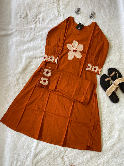 Flower Work In Sleeeve, Palazzo And Neck, Beautiful Aline Kurti With Plain Palazzo. Cotton Aline Kurti Sets For Women