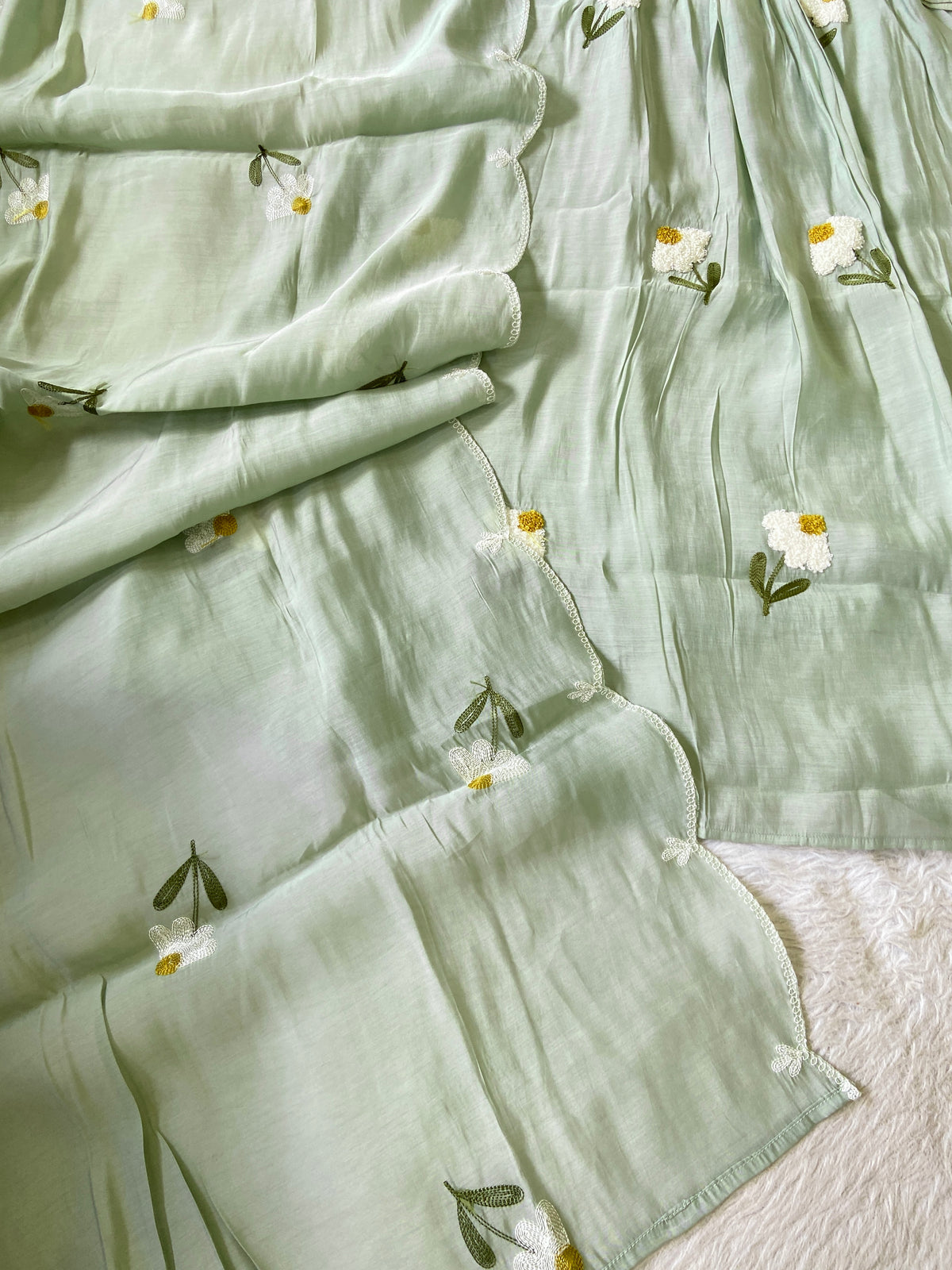 Mirror Work V-Neck With Flower Work Embroidery, Aline Kurti (Full Lining) With Pant And Dupatta. Silk Suit Sets For Women Online India. Shop the Latest Festive Summer Collection at Shivani Designer Kurti.