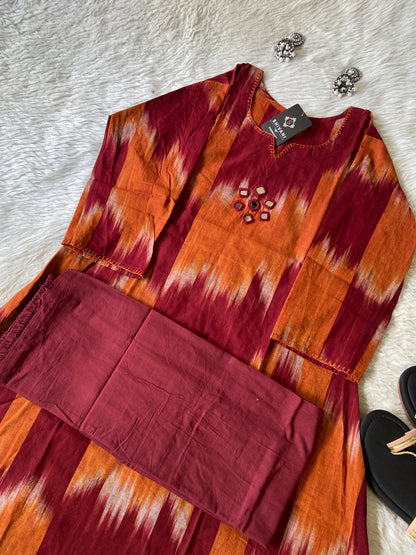 Ikkat Print Cotton Aline Kurti With Palazzo. Cotton Aline Kurti Sets For Women Online India. Shop the Latest Festive Summer Collection at Shivani Designer Kurti.